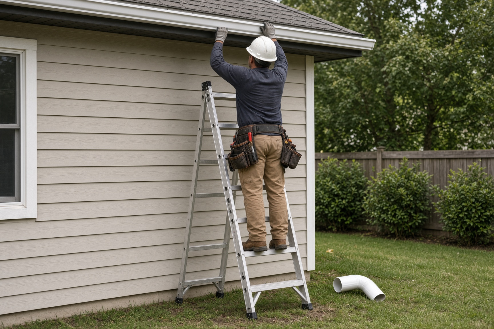 Demonstration photo of a white aluminum gutter being hung on a fascia.