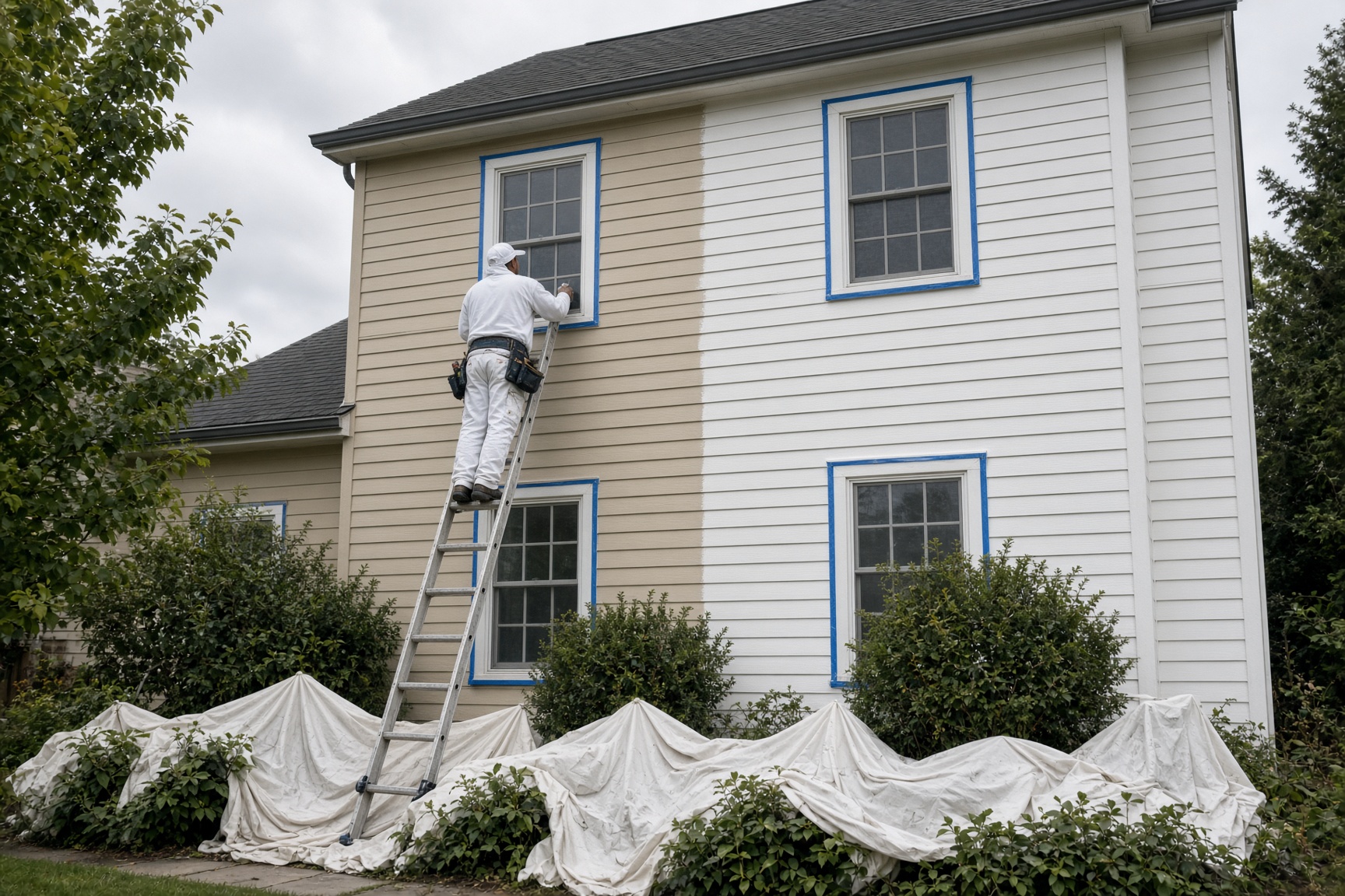 Demonstration photo of a house exterior being painted, with tape and drop cloths.