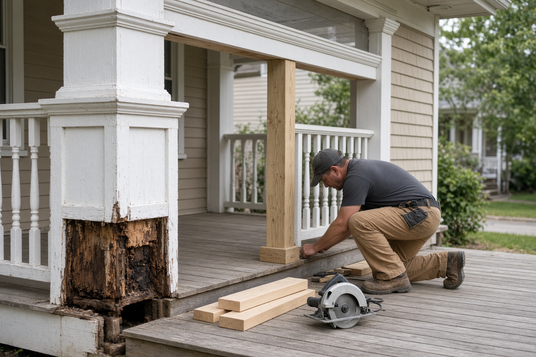 Demonstration photo of a craftsman porch with a rotted column base under repair.