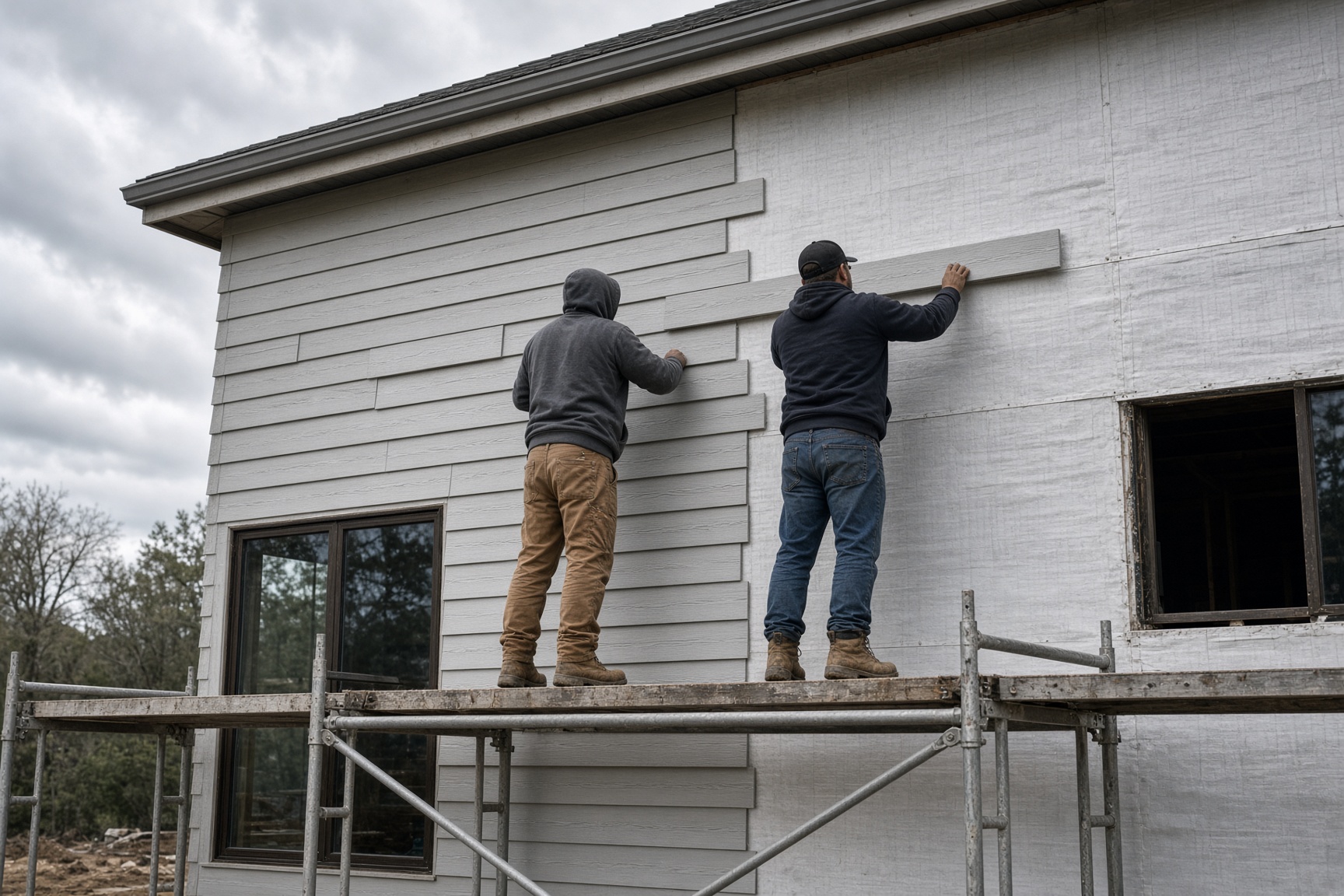 Demonstration photo of fiber-cement siding being installed from a scaffold.
