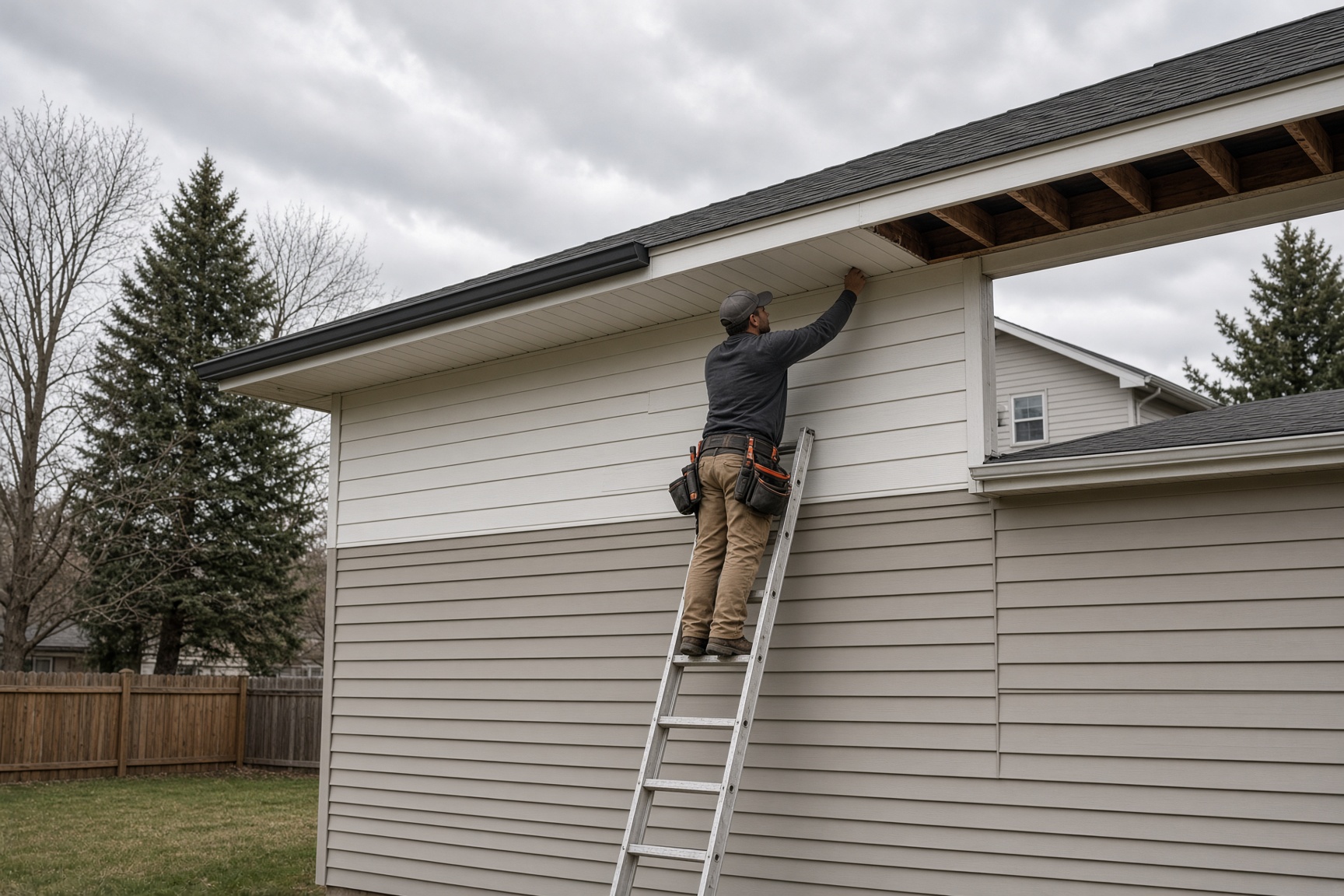 Demonstration photo of soffit panels and fascia being installed at a roof eave.