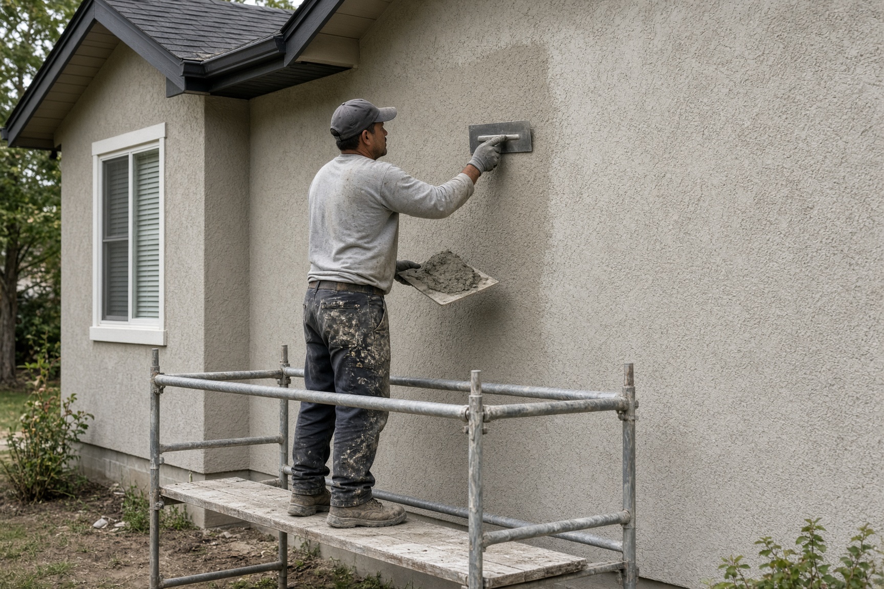 Demonstration photo of a worker applying a sand-finish stucco coat.